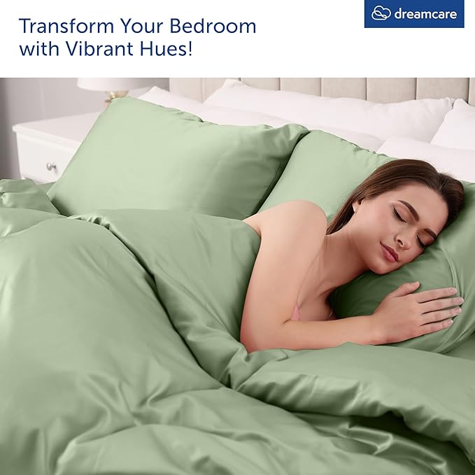 DREAMCARE King Size Sheets Set - Cooling Bed Sheets - 4pcs Set - up to 15" Deep Pocket King Sheet Set – Soft & Long Lasting Cooling - 100% Fine Brushed Microfiber with Side Pocket - Sage Green