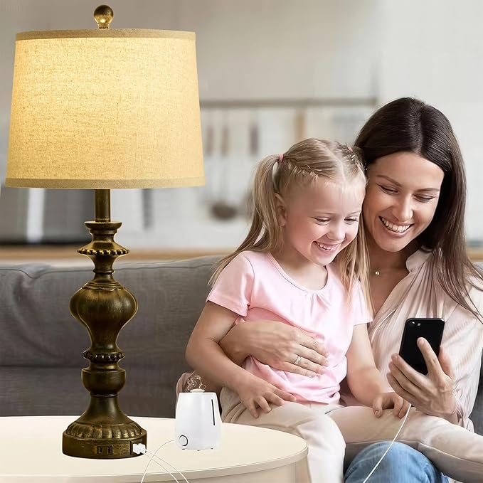 27.5" Farmhouse Table Lamps Set of 2 Bedside Nightstand Lamp with USB C+A Ports & AC Outlet, 3 Way Dimmable Touch Lamps for Bedroom Living Room Office Rustic Lamp (Rotary Switch-Black)