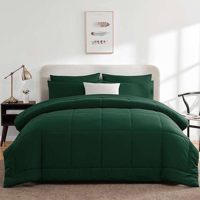 CozyLux Queen Comforter Set Emerald Green, 7 Pieces Bed in a Bag, Green Comforter Queen Size, All Season Bedding Sets with Stitch Quilted Comforter, Flat Sheet, Fitted Sheet, Pillowcases