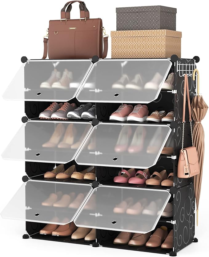 ROJASOP Portable Shoe Rack Organizer 6-Tier Shoe Cabinet 24-Pair shoe Storage Expandable Free Standing Stackable Space Shoe Rack with 2 exclusive Versatile Hooks for Bedroom Black