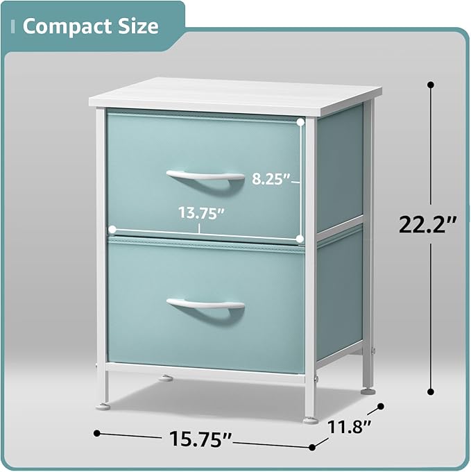 Sorbus Nightstand with 2 Drawers - Kids Bedside Furniture End Table Night Stand - Steel Frame, Wood Top & Easy Pull Fabric Bins - Dresser & Chest for Home, Bedroom Accessories, Office & College Dorm