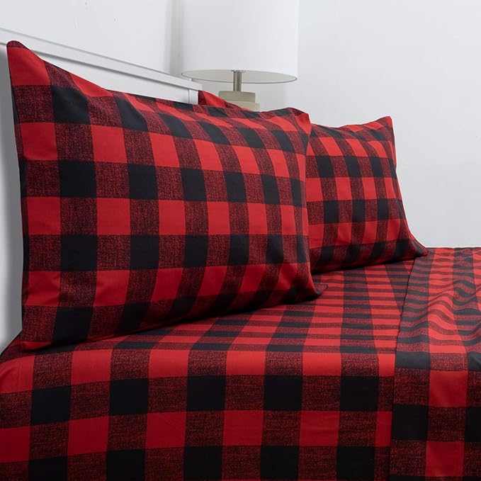California King Sheet Sets - Breathable Luxury Sheets with Full Elastic & Secure Corner Straps Built In - 1800 Supreme Collection Bedding, Sheet Set, California King, Buffalo Check Burgundy