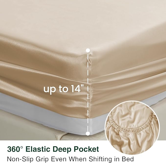 Love's cabin Twin Satin Sheets Sets - 3 Piece Beige Silky Bed Sheets with Deep Pockets, Luxury Silk Feel Satin Twin Size Sheet Set Bedding Set (1 Flat Sheet,1 Fitted Sheet,1 Pillow case)