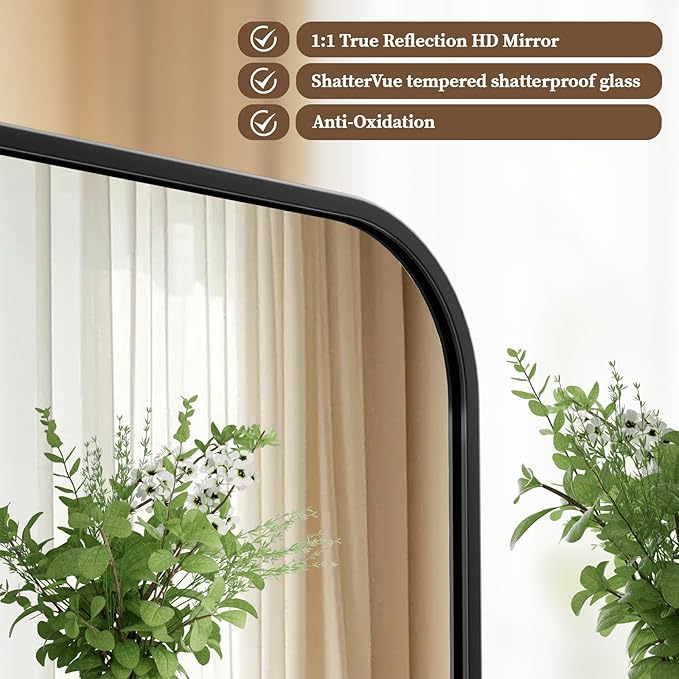 BEAUTYPEAK 20" x 28" Rectangular Aluminum Alloy Frame Wall Mounted Bathroom Mirror with Rounded Corners, Black