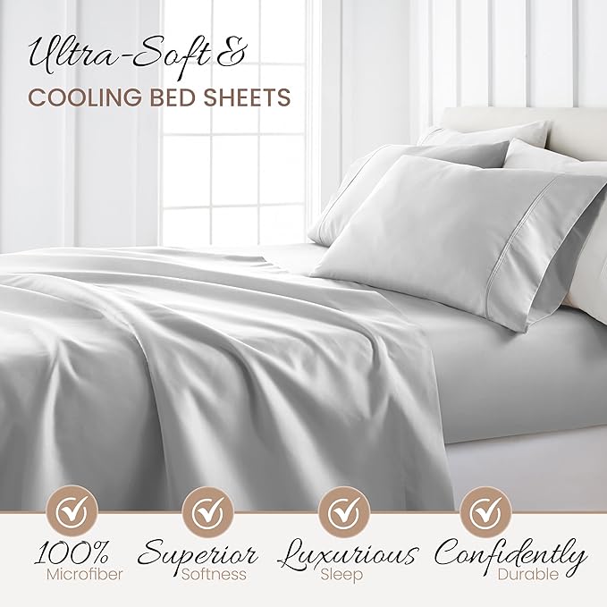 Linen Market Double-Brushed Microfiber Queen Sheet Set 4 Piece – Oeko-TEX Certified Ultra Soft & Wrinkle-Free - 16" Deep Pocket Sheets - Easy Care Queen Size - Light Gray