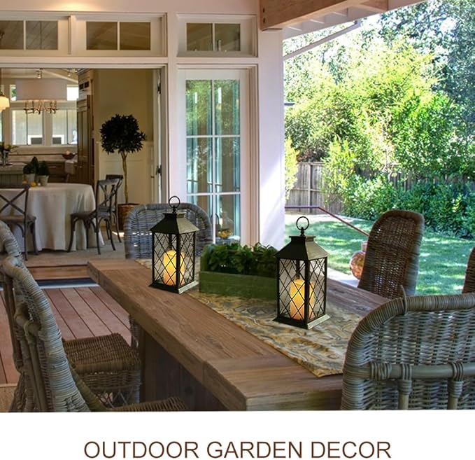 Bright Zeal 2-Pack 13.5" Vintage Candle Lantern with LED Candle (Distressed Gold, 6hr Timer) - IP44 Waterproof Outdoor Hanging Lanterns Battery Powered - Tabletop Lantern Decorative Home Lanterns