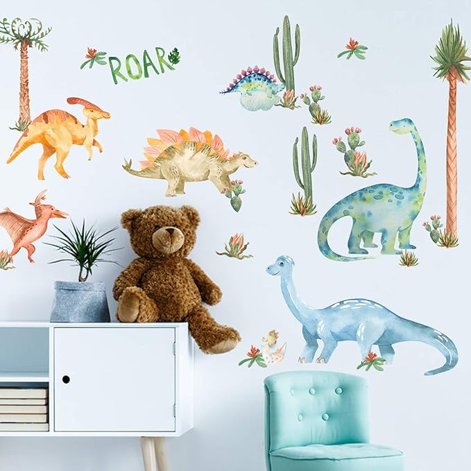 Yovkky Watercolor Dinosaur Nursery Wall Decals, Large Peel and Stick Dino Tropical Plant Stickers Cactus Palm Leaf Decor, Home Kitchen Decorations Boy Girl Kid Baby Toddler Bedroom Playroom Art Gift