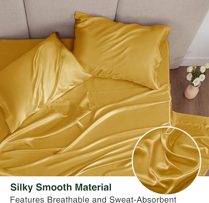 Love's cabin Full Size Satin Sheet Sets - 4 Piece Gold Silky Sheet Set with Deep Pocket, Luxury Silk Feel Satin Sheets Full Bedding Set (1 Flat Sheet,1 Fitted Sheet,2 Pillow Cases)