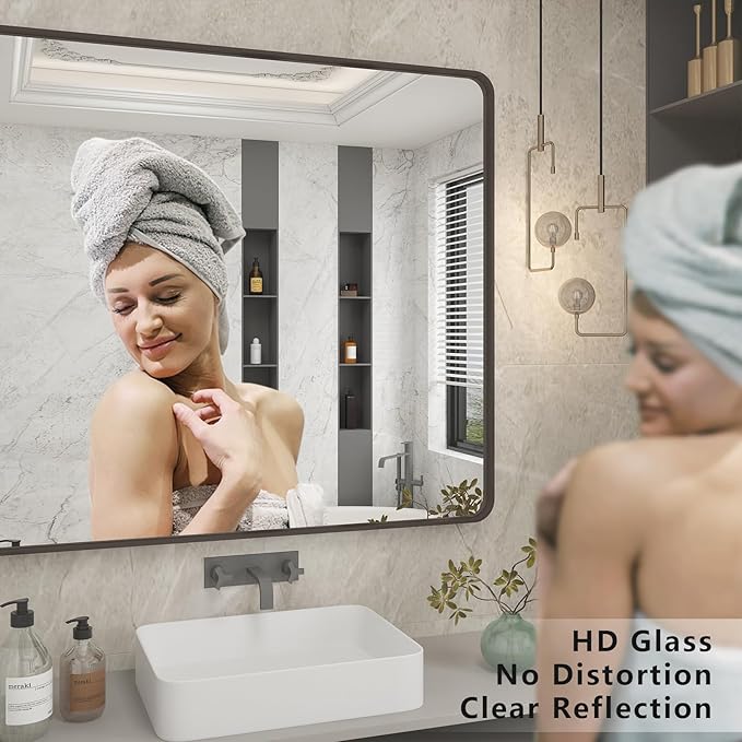 60x40 Bronze Bathroom Mirror, Brushed Bronze Metal Frame Mirrors for Wall, Rounded Rectangle Bronze Mirror for Vanity,Bedroom, Shatterproof, Anti-Rust (Horizontal/Vertical)