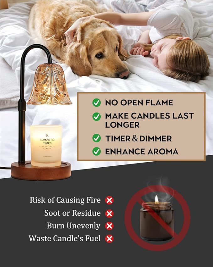 Small Candle Warmer Lamp with Timer, Adjustable Flower Lamp Warmer for Jar Candles, Unique Women Gifts for Birthday, Dimmable Candle Heater, Christmas Gifts, Cute Wax Warming Light with Wood Base