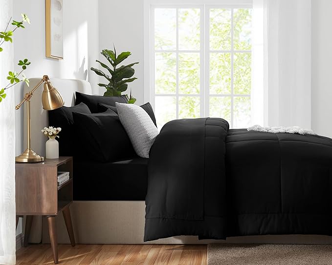 CozyLux Oversized King Comforter Sets Black, 7 Pieces Bed in a Bag, Ultra-Soft All Season Bedding Sets with Stitch Quilted Comforter, Flat Sheet, Fitted Sheet, Pillowcases, Black