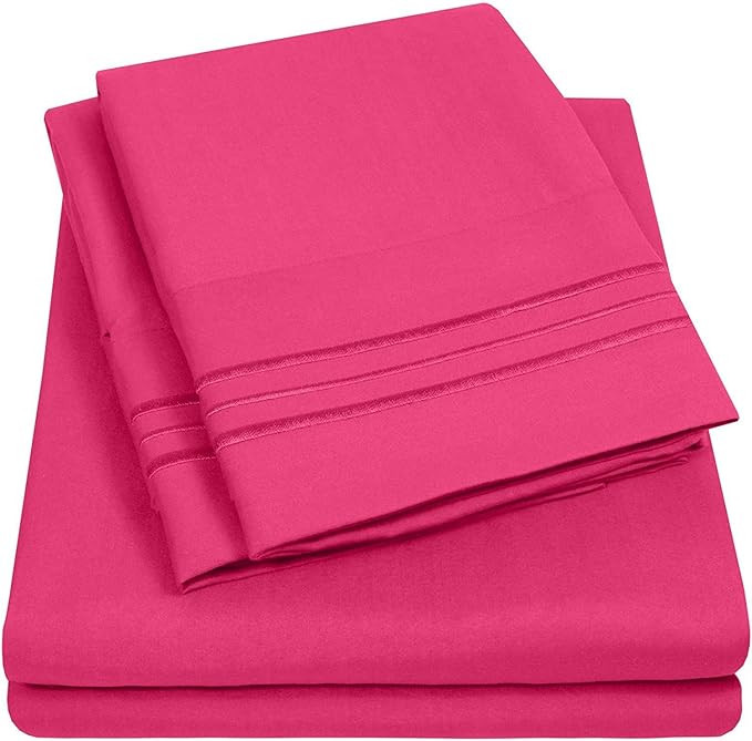 Sweet Home Collection Split King Size Size Sheet Set with Built-in Sheet Straps - Deep Pocket Fitted Sheet, Flat Sheet & Pillowcases - Soft, Wrinkle-Free, Secure Fit - Fuschia