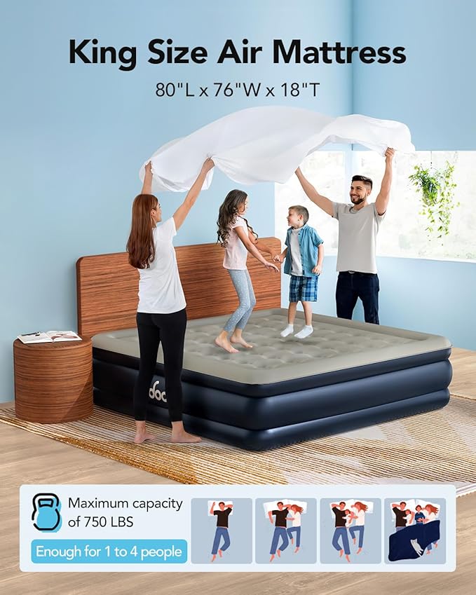 iDOO King Size Air Mattress with Built in Pump, 18" Raised Comfort Blow up Mattress King, Upgraded Inflatable Mattress for Guest Home, Temporary Air Bed with Storage Bag, colchon inflable, 750lbs Max