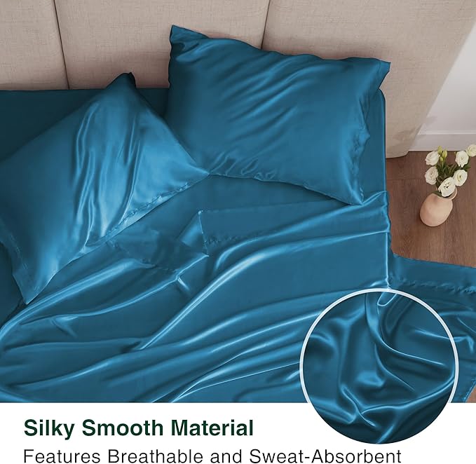 Love's cabin Satin Queen Sheets Set - 4 Piece Teal Silky Bed Sheets with Deep Pocket, Luxury Silk Feel Satin Queen Size Sheet Set (1 Flat Sheet,1 Fitted Sheet,2 Pillow Cases)