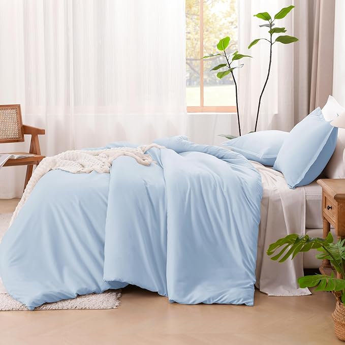 Litanika Comforters Light Blue Full Size, 3 Pieces Lightweight Solid Bedding Comforter Set, All Season Fluffy Bed Set (79x90In Comforter & 2 Pillowcases)