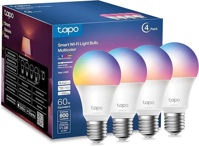 Tapo TP-Link Smart Light Bulbs, 16M Colors RGBW, Dimmable, Compatible with Alexa and Google Home, A19, 60W Equivalent, 800LM CRI>90, 2.4GHz WiFi only, No Hub Required, L530E(4-Pack)