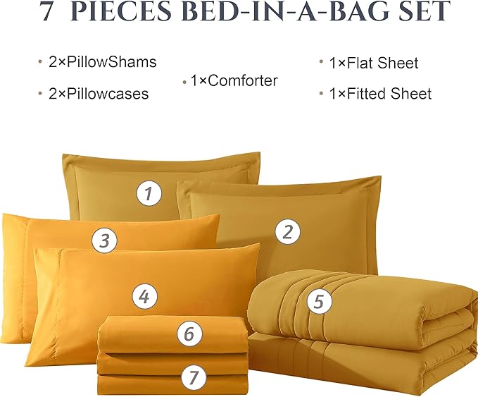 Monbix Queen Comforter Set - 7 Pieces Bright Yellow Bed in a Bag Queen Bedding Sets with Comforters, All Seasons Down Alternative Comforter Bed Set with Sheets,Pillowcases & Shams
