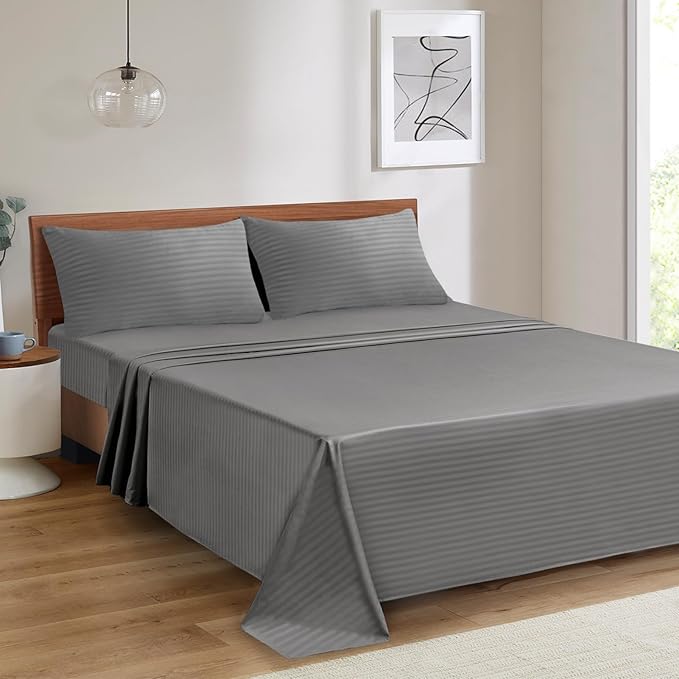 Mejoroom Striped King Size Sheet Set – Hotel Luxury Bed Sheets - Deep Pocket Up to 16 inch, Breathable, Wrinkle, Fade and Stain Resistant – 4 Piece(02-Gray)