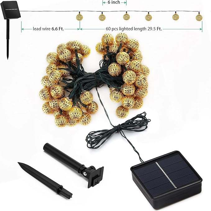 Solar Moroccan String Lights Outdoor 60 LED 36 Ft Globe Fairy Lights with 8 Lighting Modes, Waterproof Solar Powered String Lights for Garden Yard Gazebos Camping Party (Multicolor)