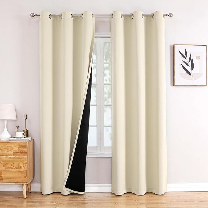 ChrisDowa 100% Blackout Curtains 78 inch Long for Bedroom with Black Liner, 2 Thick Layers Total Blackout Thermal Insulated Grommet Window Curtains 2 Panels Set (Light Beige, 42 x 78 Inch)
