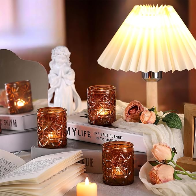 12 Pack Vintage Amber Votive Candle Holders, Glass Candle Holders for Wedding Table Centerpiece, Small Tealight Candle Holder for Home Decor, Tea Lights Candle Holder for Party, Boho Fall Decor