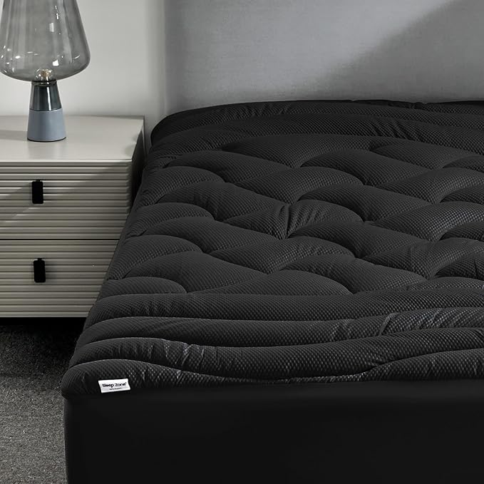SLEEP ZONE Cooling Mattress Topper California King, Premium Zoned Cool Mattress Pad Cover, Padded Mattress Protector Breathable Washable, Deep Pocket 8-21" (Black, Cal King)
