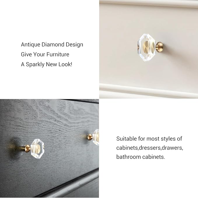 2-Pack Brass Base Crystal Drawer Knobs,Glass Crystal Gold Cabinet Knobs,1-5/16-Inch Hexagon,Kitchen Hardware Pulls, Modern Bathroom Hardware knob