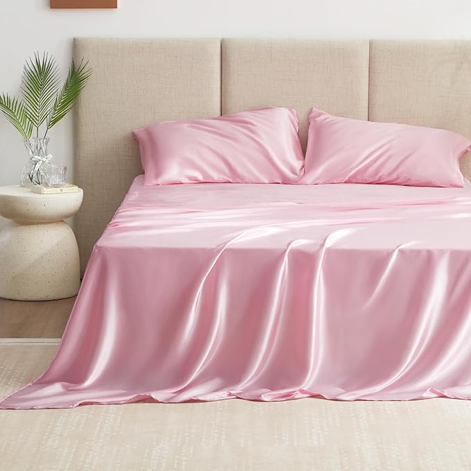 Love's cabin Satin Queen Sheets Set - 4 Piece Pink Silky Bed Sheets Set with Deep Pocket, Luxury Silk Feel Satin Queen Size Sheet Set (1 Flat Sheet,1 Fitted Sheet,2 Pillow Cases)