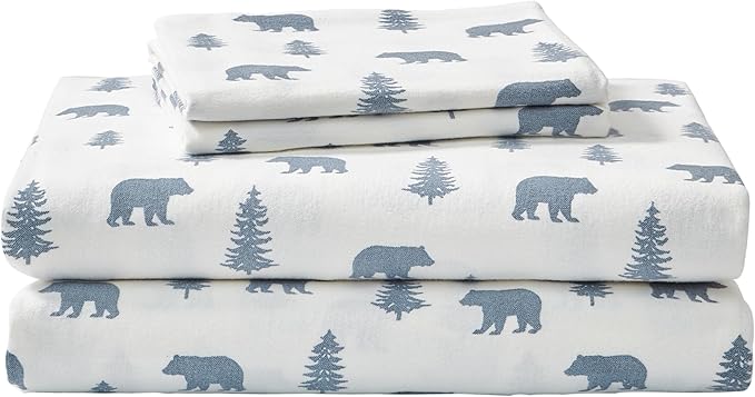 Eddie Bauer - Flannel Sheets Twin Size, Anti-Pilling & Wrinkle Resistant Cotton, Touchably Soft for All-Season Comfort - Bed Sheets with Matching Pillowcase & Fitted Sheet (Bears and Trees Blue)