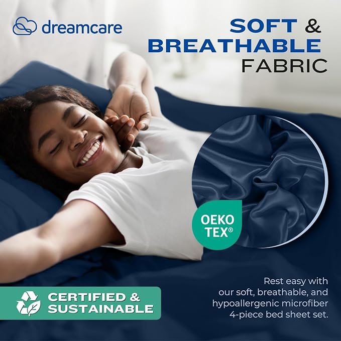 DREAMCARE Queen Sheet Set – 4 pcs Cooling Sheets – up to 21” Extra Deep Pocket Queen Sheets – Hotel Luxury Sheets & Pillowcases – Superior Softness 100% Fine Microfiber with Side Pocket – Navy