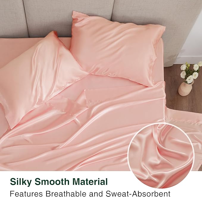 Love's cabin Twin XL 3Pc Satin Sheet Set, Coral Silky Satin Bed Sheets with Deep Pockets, Luxury Silk Feel, Envelope Closure