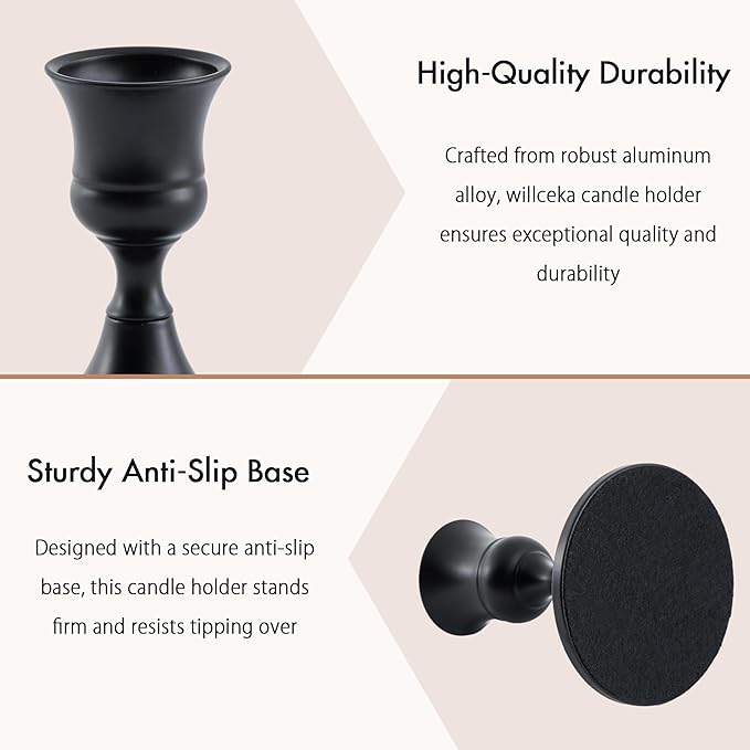 Black Taper Candle Holder, Candlestick Holders, Vintage Metal for Table Centerpieces Wedding Decor (Matte Black, 4 Pcs)