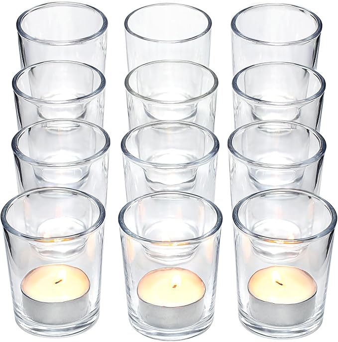 Letine 12-Pack Clear Votive Candle Holders - Glass Tea Light Holders with 12 Tea Lights for Wedding Decor, Bulk Votive Holders for Home Table Decor/Christmas & Thanksgiving