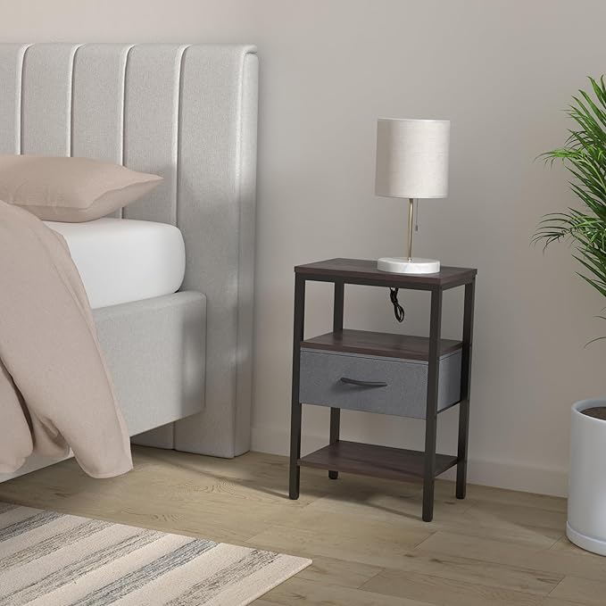 SUPERJARE Nightstand with Charging Station, Bed Side Table with Adjustable Fabric Drawer, Night Stand for Bedroom, 3-Tier Storage End Table, for Living Room - Walnut