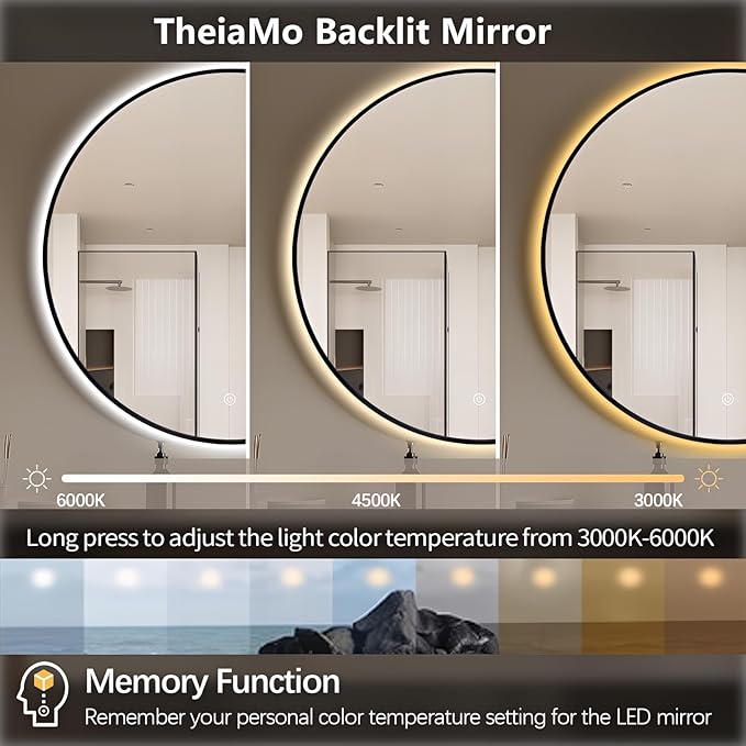 40" Round LED Bathroom Mirror, Wall Mounted Backlit Vanity Mirror with 45° Beveled Frame Lighted Mirror for Bedroom, Fog Free 3-Color Dimmable Lights Memory Function, Black