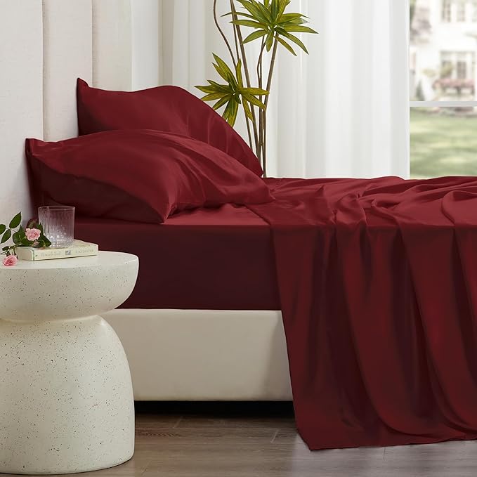 Love's cabin 4Piece California King Satin Bed Linen Set, Burgundy Silky Satin Sheets, Deep Pocket, Luxury Silk Feel, 1 Flat, 1 Fitted Sheet, 2 Pillow Cases