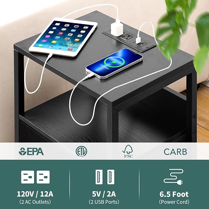 Yoobure Nightstand with Charging Station, Small Night Stand with Fabric Drawers and Storage Shelf for Bedrooms, Nightstands for Small Spaces, Bedside Table with USB Ports & Outlets Bed Side Table