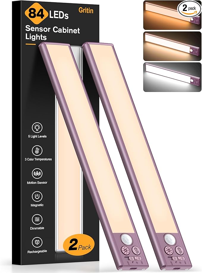 Gritin 10.2inch Under Cabinet Lighting Rechargeable -84 LED Super Bright,3-Color& 5 Level Brightness,4 Modes,Motion Sensor, Long Lasting- Easy Installation Magnetic Closet Lights -2 Pack-Mauve