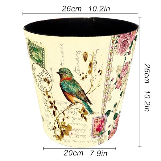 10L/2.64 Gallon Trash Can, Decorative Waste Basket, PU Leather Waste Paper Basket, Waterproof Garbage Can for Bathroom, Bedroom, Office, Kitchen and Living Room - Colorful Bird