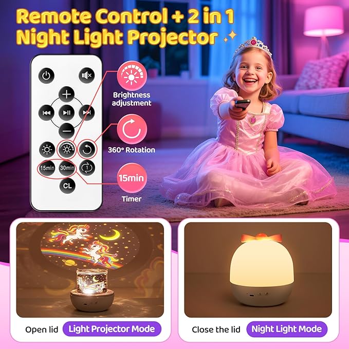 PIKOY Unicorn Toys for Girls Gifts, 15 Films+15 Lullaby Sound Machine for Kids Night Light Projector, Remote+Rechargeable Night Light for Kids Gifts, 360 °Rotation Princess Mermaid Toddler Girl Toys
