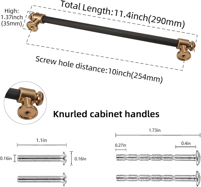10 Pack 10 inch(254mm) Matte Black and Champagne Bronze Kitchen Cabinet Handles Knurled Cabinet Pulls Black Drawer Pulls Kitchen Cabinet Hardware Kitchen Handles