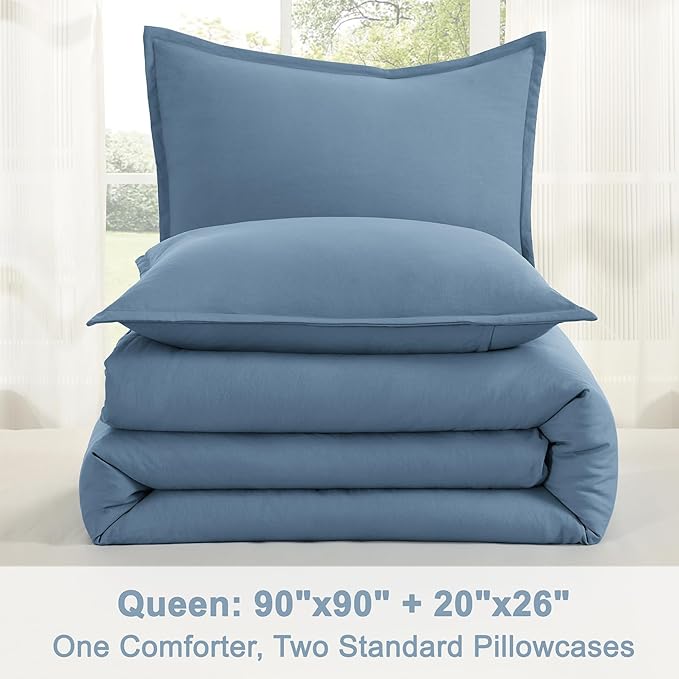 Litanika Comforters Queen Size Set Grayish Blue, 3 Pieces Lightweight Solid Bedding Comforter Set, All Season Fluffy Bed Set (90x90In Comforter & 2 Pillowcases)