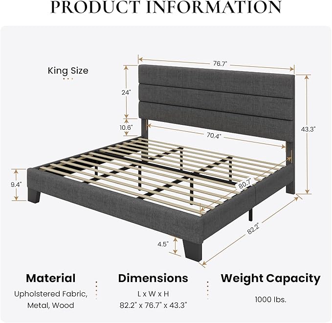 SHA CERLIN King Platform Bed Frame with Upholstered Fabric Headboard, Mattress Foundation with Strong Wooden Slats Support, No Box Spring Needed, Grey