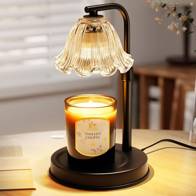 Flower Candle Warmer Lamp with Timer - Adjustable Height Wax Melt Warmer for Scented Jar Candles Light, Women Birthday Gifts for Mom, House Warming Gifts New Home Vintage Room Decor, Black