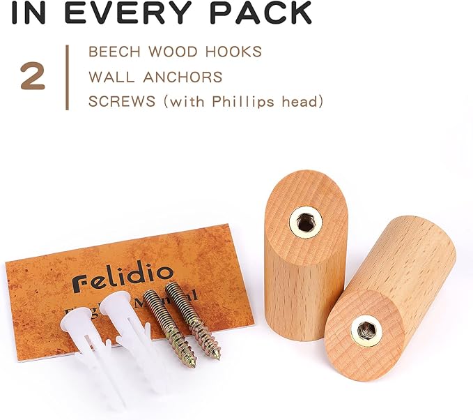 Wooden Wall Hooks, 2 Pack Coat Hooks Wall Mounted - Natural Wood Hook Coat Rack, Heavy Duty Hooks for Hanging Towels Entryway Coats Hat Rack for Wall (Beech Wood)
