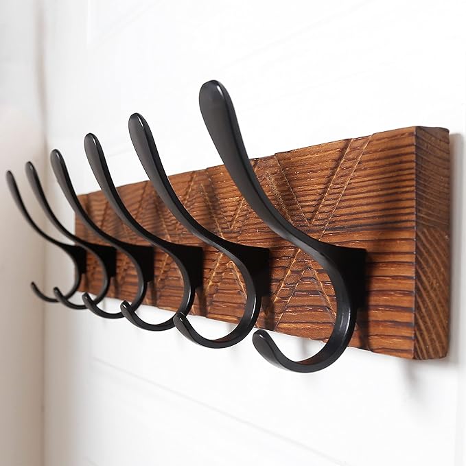 SKOLOO Coat Rack Wall Mount - Antique Wooden Carved- X Cross Coat Hook, Wall Coat Hanger with 6 Hooks for Hanging Coats, Hats, Clothing, Scarfs, Brown & Black