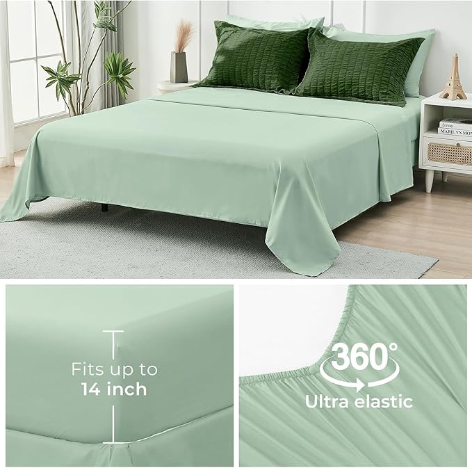 HYMOKEGE Dark Green/Sage Green King Size Comforter Set Seersucker 7 Pieces, All Season Luxury Bed in a Bag for Bedroom, Bedding Set with Comforter, Sheets, Pillowcases & Shams