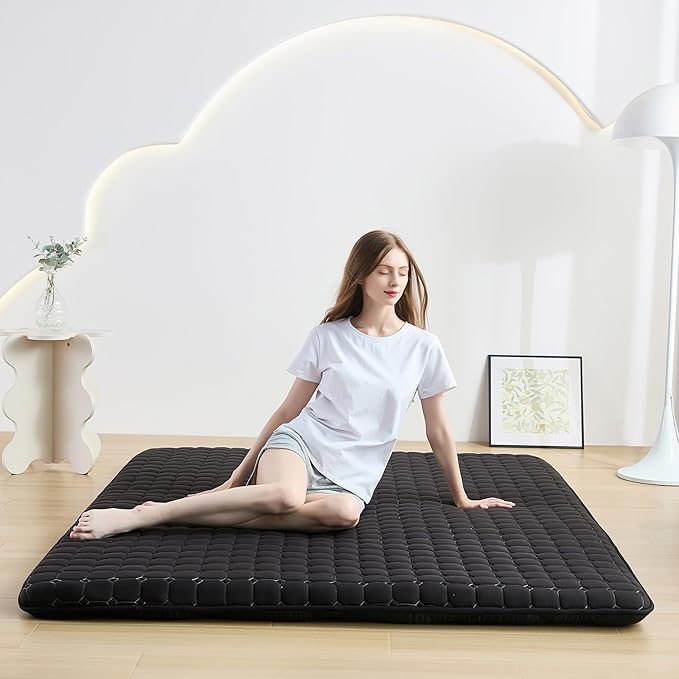 Japanese Floor Mattress Full, Anti-Slip Japanese Futon Foldable Tatami Mat for Guests, Black