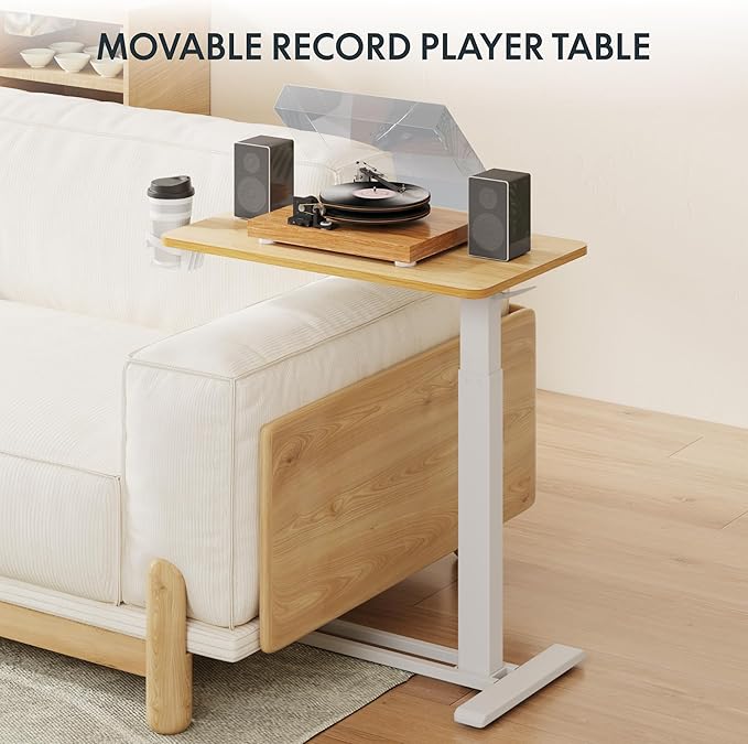 FLEXISPOT H7 Adjustable Overbed Bedside Table with Wheels Pneumatic Mobile Standing Desk Laptop Desk Rolling Computer Cart Movable Overbed Table Hospital Home Use(27.6" W x 15.7" D, Maple Table)