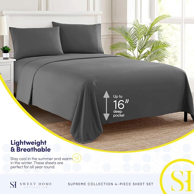 Twin Sheets - Breathable Luxury Sheets with Full Elastic & Secure Corner Straps Built In - 1800 Supreme Collection Extra Soft Deep Pocket Bedding Set, Sheet Set, Twin, Gray